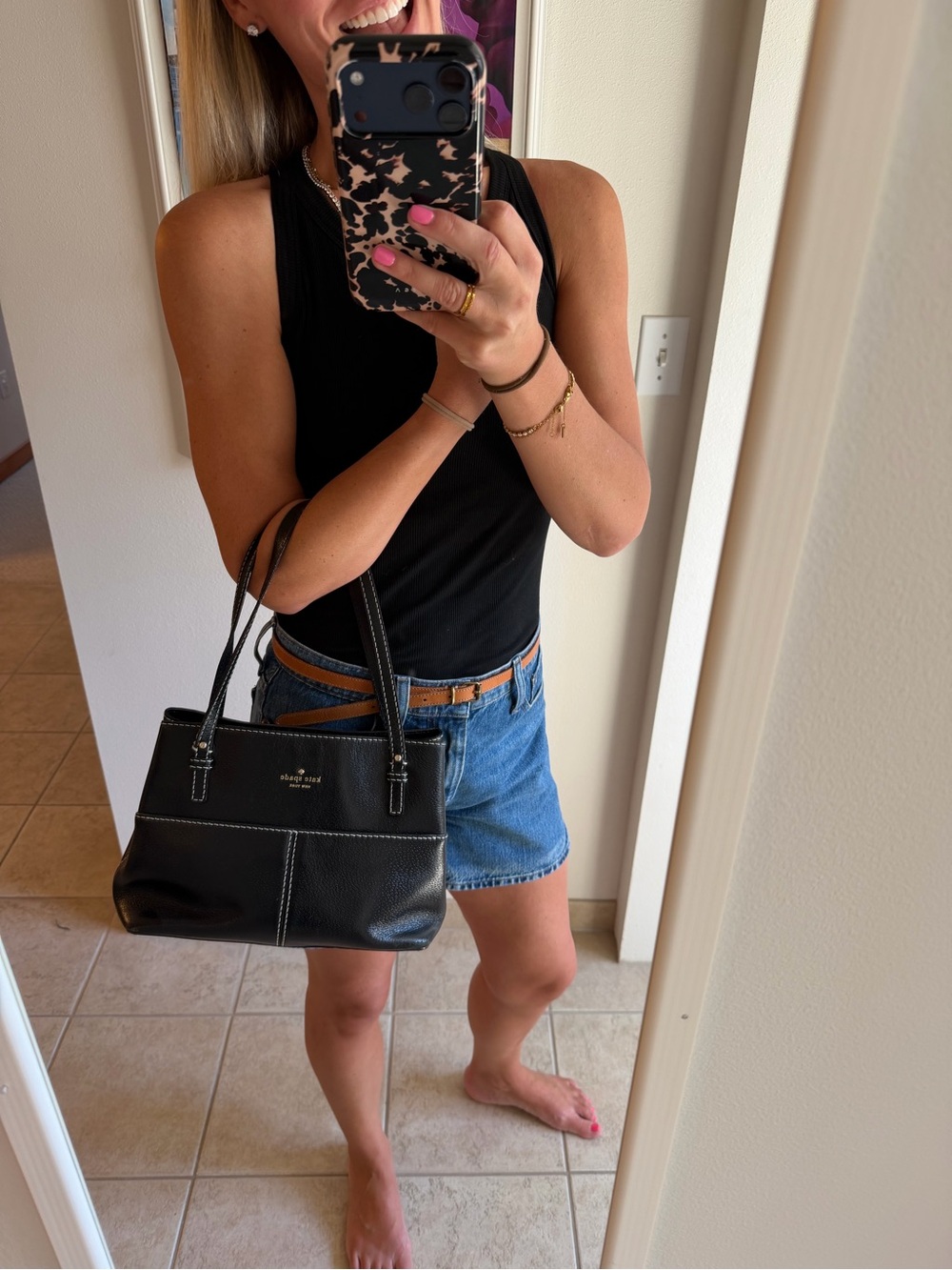 kate spade Black Leather Shoulder Bag with White Stitching